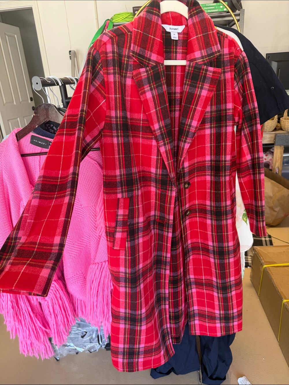 Old Navy Red Plaid Pea Coat